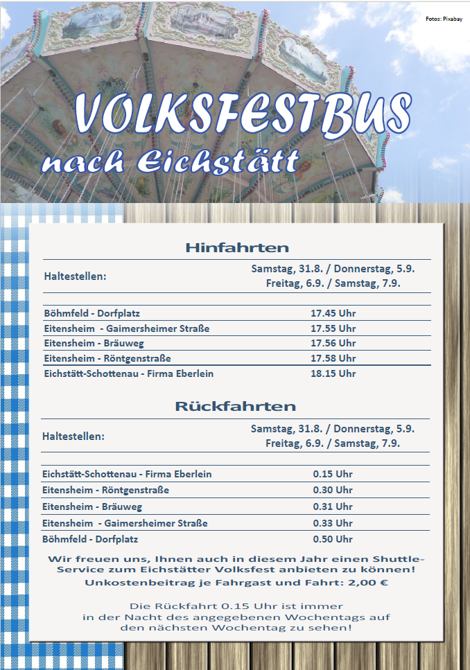 Volksfest-Shuttlebus für die sichere Heimfahrt nach Eitensheim