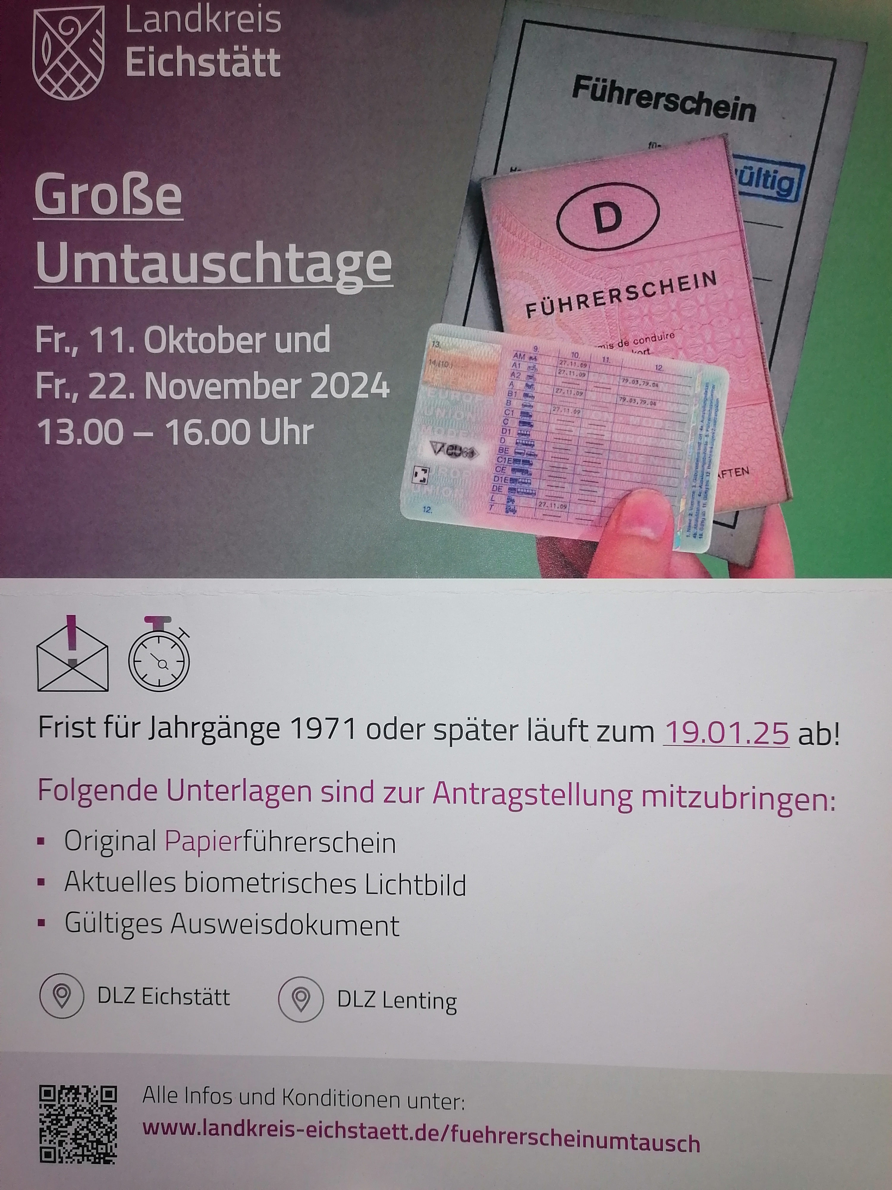 Führerschein Umtauschtage am Freitag 11. Oktober und Freitag 22. November 2024 von 13 - 16 Uhr